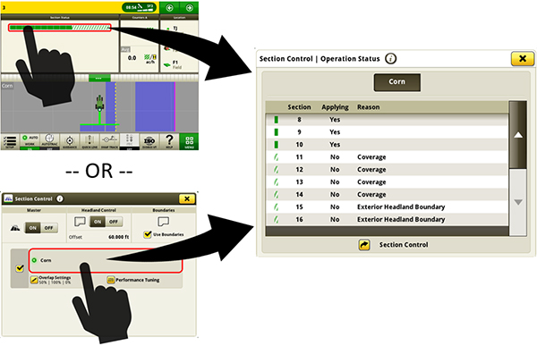 Access the Section Control diagnostic table to view the operation status and reason for the status