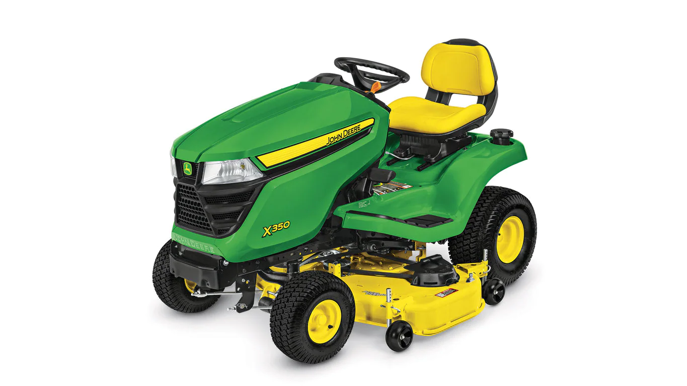 Three-quarter view of X350 lawn tractor with 48 inch deck
